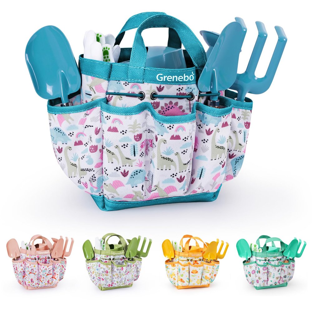 Grenebo Kids Gardening Set Toys, Quality Garden Tool Kit for Kids and Toddlers, Includes Two Shovels, Garden hat,Rake, Apron,Gloves, Watering Can, and Tool Bag (Blue)