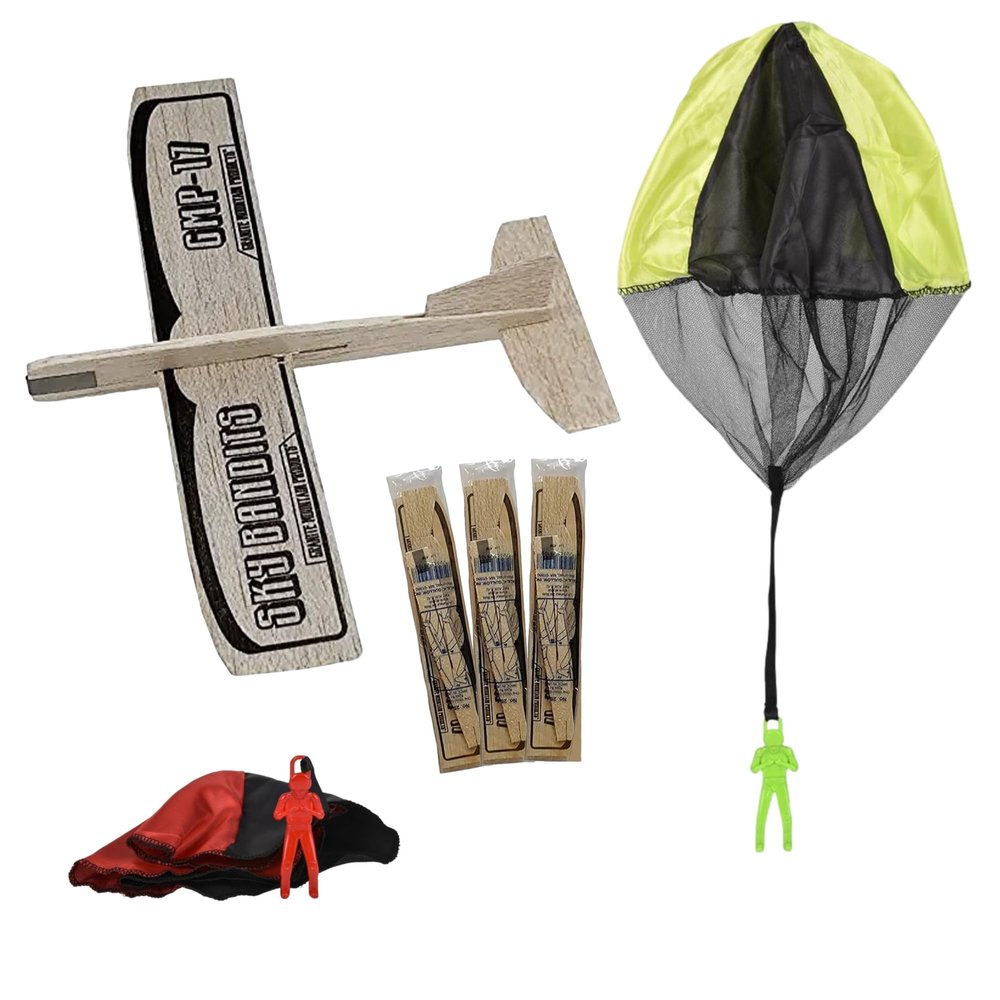 GRANITE MOUNTAIN PRODUCTS Balsa Wood Planes and Parachute Toy Set - 4 Small Glider Kits and 2 Tangle Free Parachutes | Model Airplane Kit | Classic Outdoor Party Favor Toys for Kids