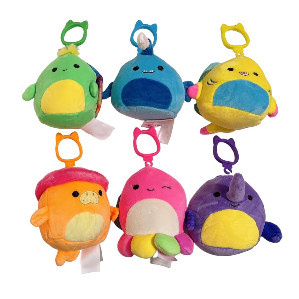 Squishmallows 2024 Neon Sealife Set of 6 mini 3.5" Turtle Fish Shark Mini Clip On Keychain Plush Dolls