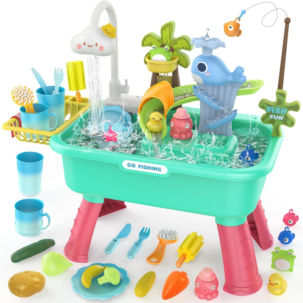 4-in-1 Kitchen Play Sink Toys with Running Water for Kid,Color Changing Electric Water Table Toy with Animals, Food, Tableware Accessories,Pretend Role Birthday Toy for Boy and Girl