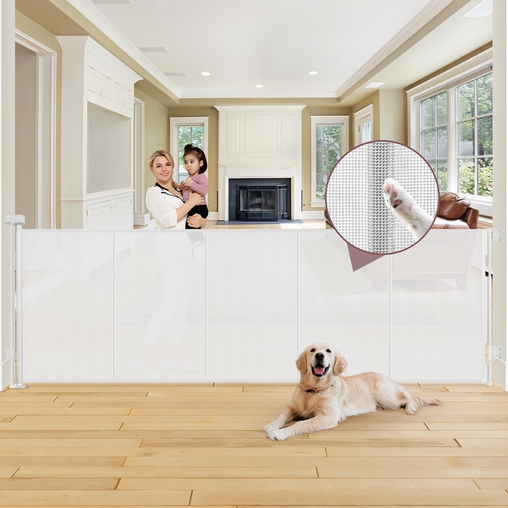 Reinforced 41" Extra Tall Retractable Dog Gate 100" Wide Retractable Baby Gates with Support Rods, Outdoor Retractable Gates for Dogs Indoor Extra Tall Baby Gate Child Gates for Wide Openings, White