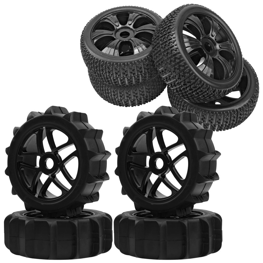 1/8 Off-Road RC Buggy 4.37''OD Rubber Tires & Plastic Wheel Rim 17mm Hex Hub w/Foam & 1/8 RC Off Road Buggy Snow Sand Paddle Tires &Plastic Wheel Rims 17mm Hex Hub
