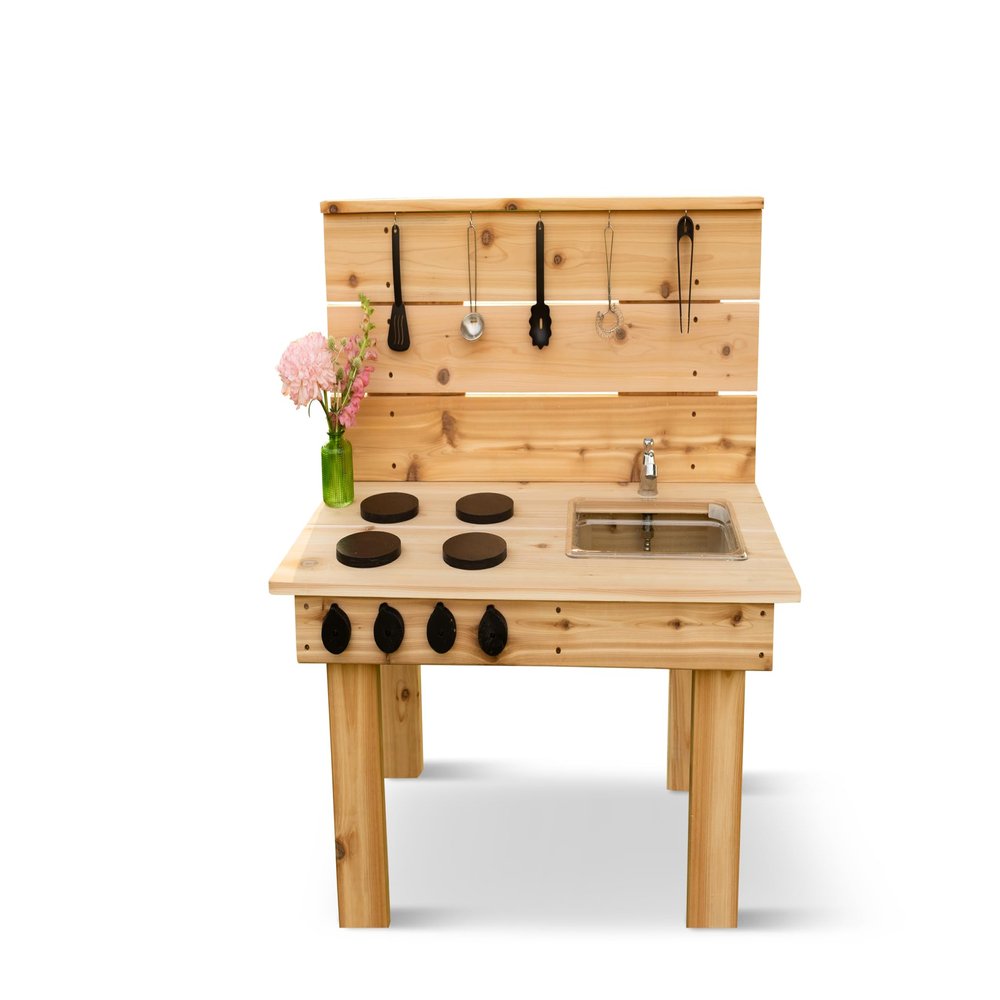 Noble Toys Mini Mud Kitchen with Functional Stovetop Sink for Kids | Pretend Play Toddler Table with Running Water | Outdoor Playset Working Sink | Real Wooden Kitchens | Preschool Equipment