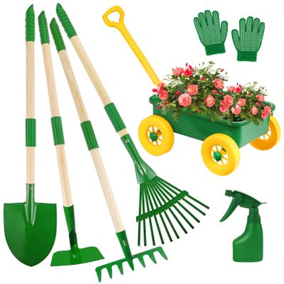 Duckura Kids Gardening Tools Set - 7pcs Wheelbarrow Set Outdoor Toy for Kids with Shovel, Rake, Leaf Rake, Yard Digging Weed Toys, Valentine's Birthday Gifts for Boys Girls Age 2 3+Years Old(Yellow)