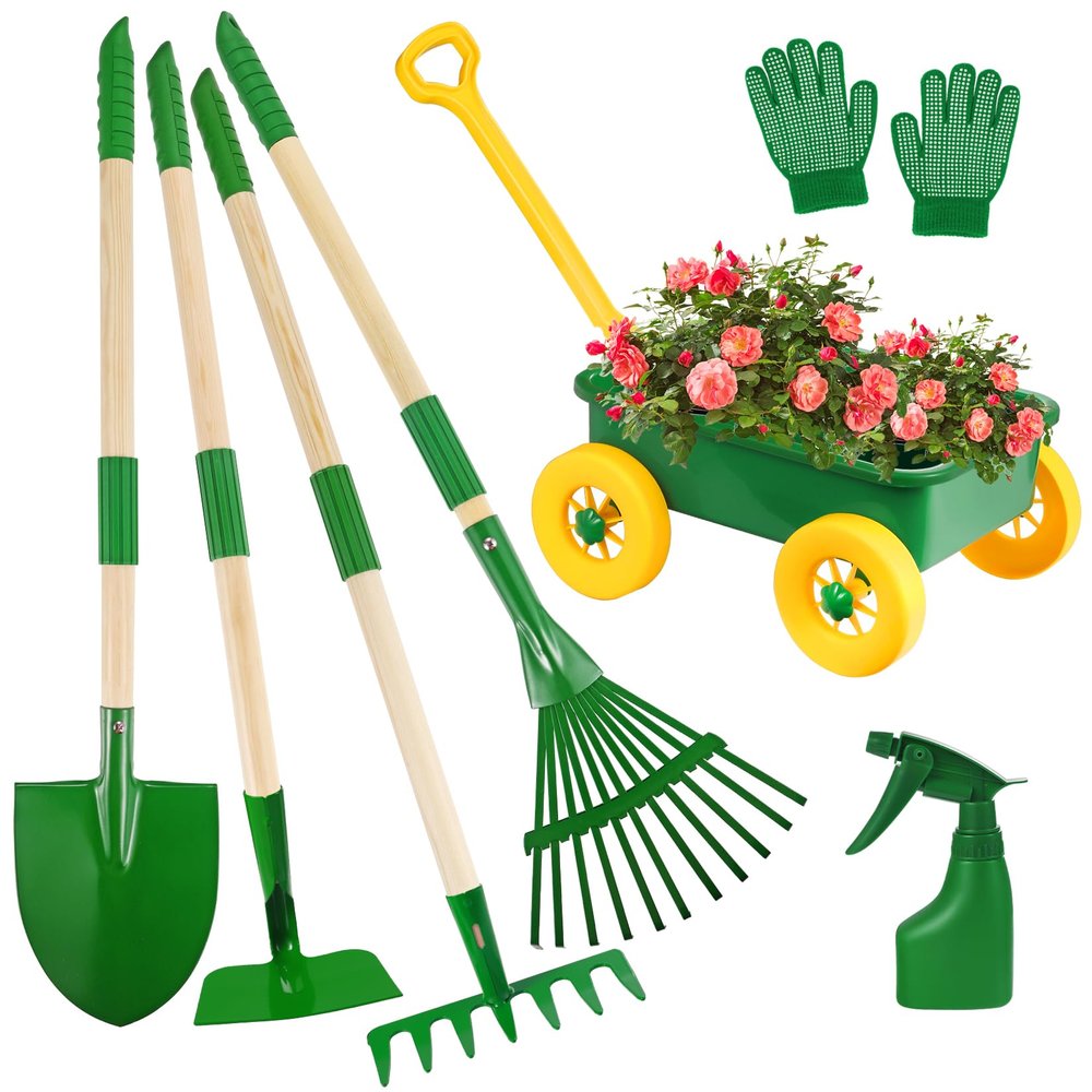 Duckura Kids Gardening Tools Set - 7pcs Wheelbarrow Set Outdoor Toy for Kids with Shovel, Rake, Leaf Rake, Yard Digging Weed Toys, Valentine's Birthday Gifts for Boys Girls Age 2 3+Years Old(Yellow)
