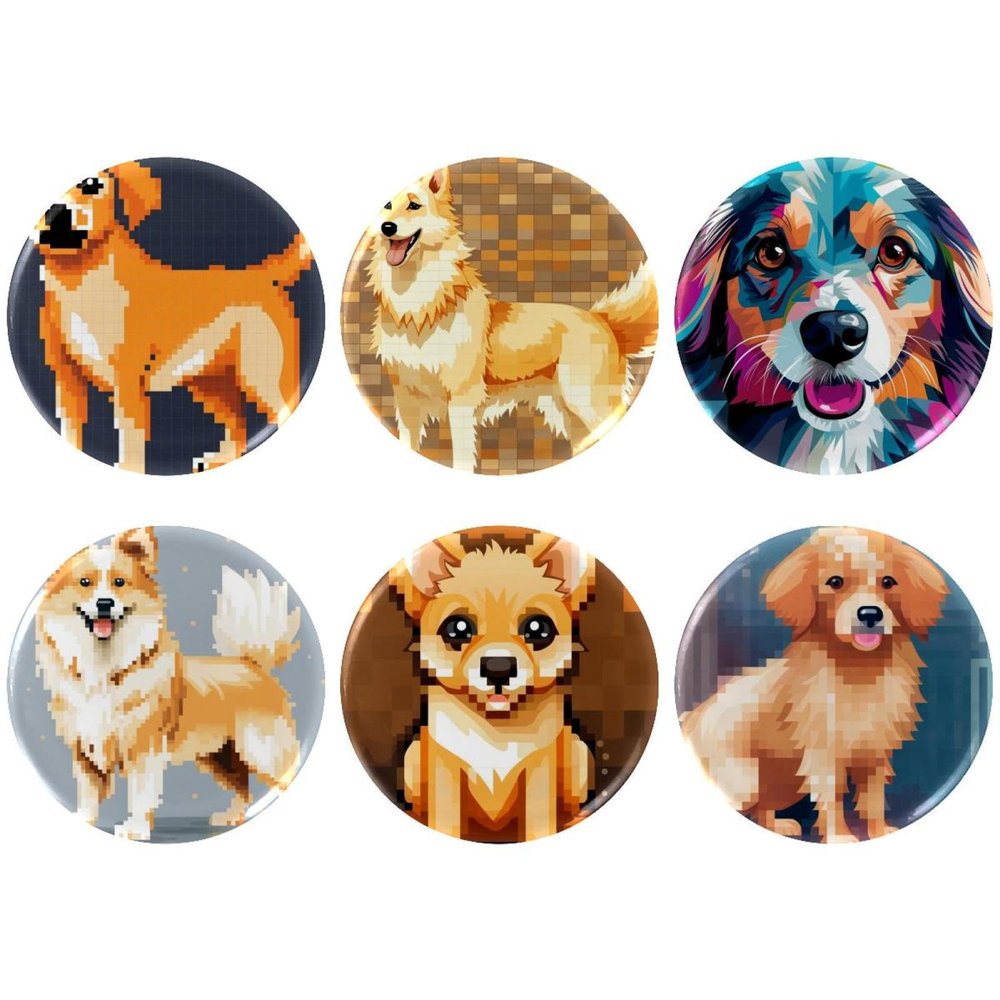 asebiunh 6 Pcs 2.2 Inch Button Badges with Pin, Pixel Dog Painting Round Craft Buttons for Craft Supplies, DIY Badges Pins, School Projects