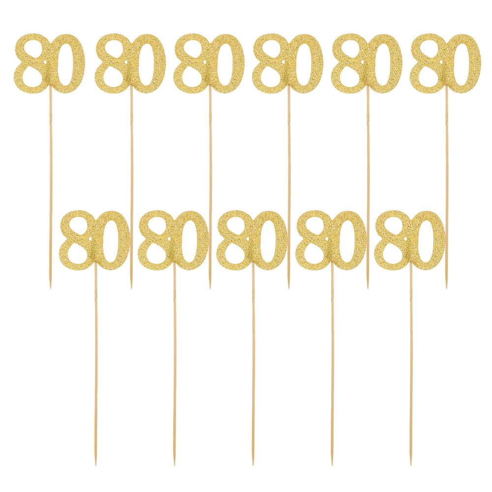 10-Piece 80th Birthday Decoration Set - Double Sided Glitter Centerpiece Sticks, Gold Cake Vase Table Decorations, Cupcake Toppers & Party Stuff