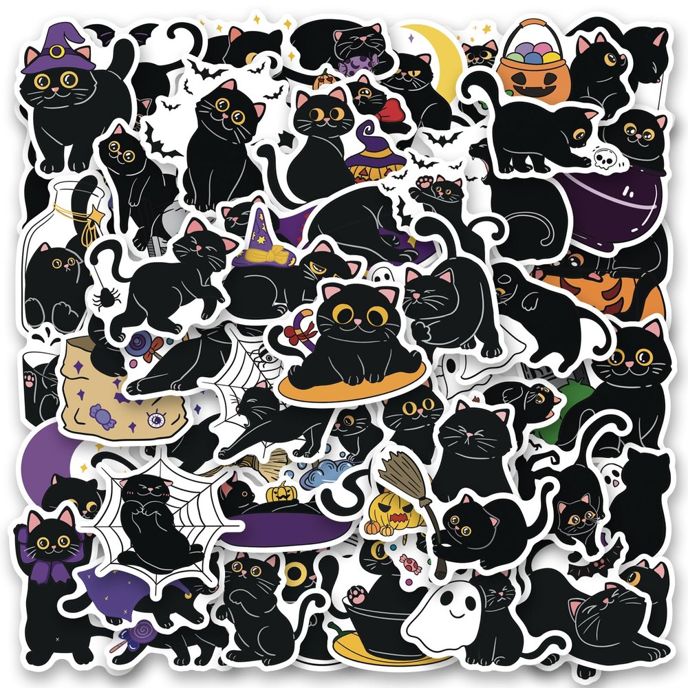100 PCS Halloween Black Funny Cat Stickers,Animal Aesthetic Vinyl Waterproof Stickers for Water Bottle Laptop Luggage Helmet Skateboard Snowboard Guitar Scrapbook Phone Gifts for Teens Girls