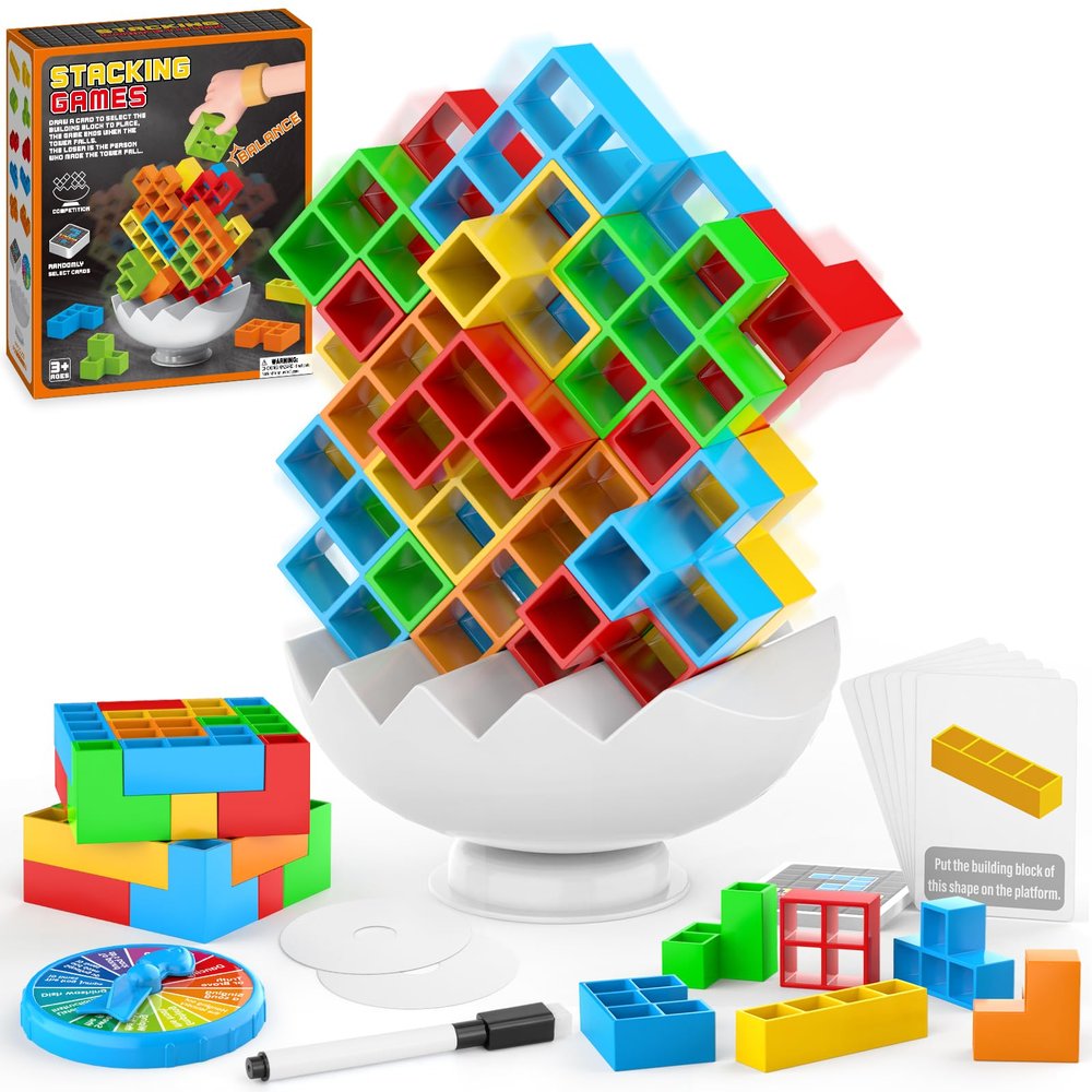 BBnote 70PCS Stack Game for Adult & Kids, 3D Tetra Board Tower Games for Family Travel Party, 2 Players Balance Stacking Toy, Team Toys Building Block