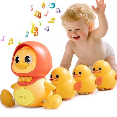 Baby Crawling Toys Set of 4 - Magnetic Swaying Ducks for infants, Tummy Time Toys with Music & Lights, 1st Birthday Gift & Christmas Gift for Boys and Girls(Yellow)