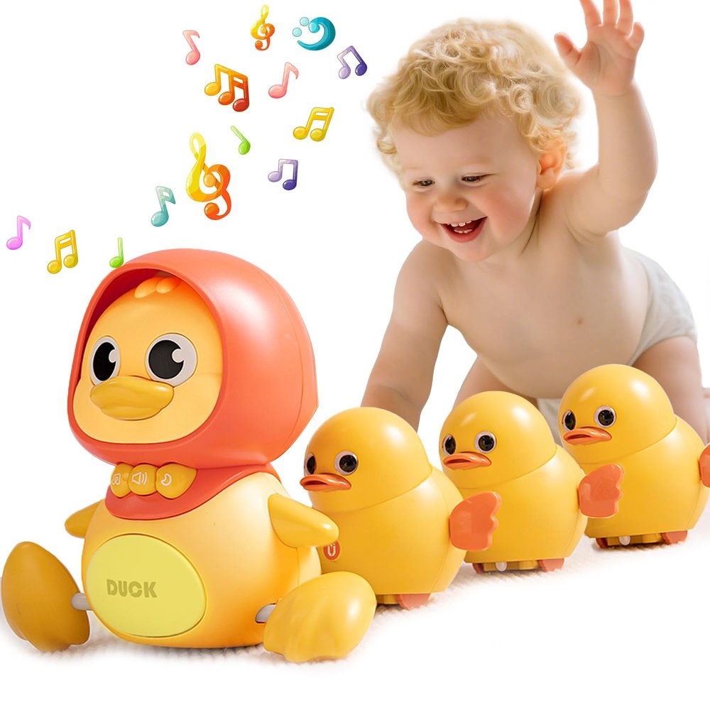 Baby Crawling Toys Set of 4 - Magnetic Swaying Ducks for infants, Tummy Time Toys with Music & Lights, 1st Birthday Gift & Christmas Gift for Boys and Girls(Yellow)