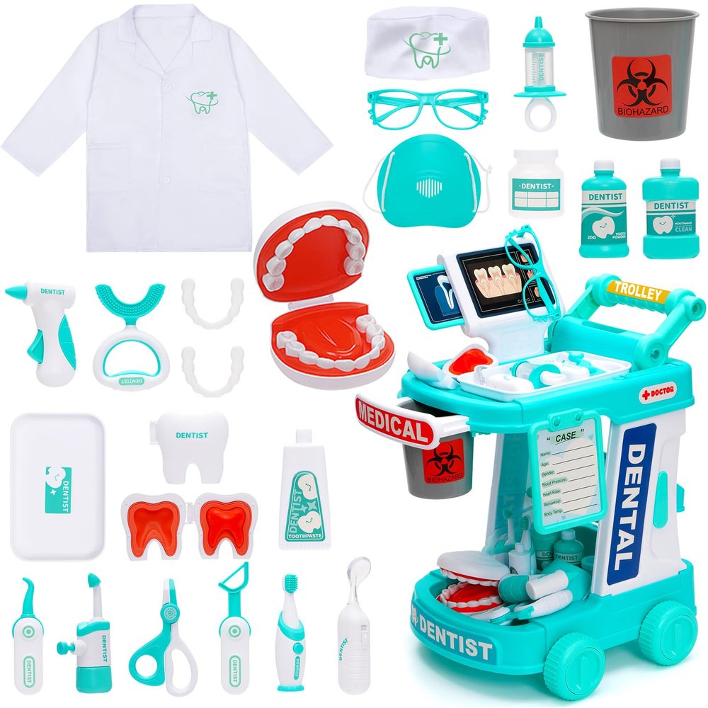 Dentist Play Set Toy for Kids, Pretend Play Medical Toy Dentist Cart, Dental Toy with Fake Teeth, Doctor Toy for Toddlers 3-5, Christmas Birthday Costume Role Play Dress Up Gift Ideas for Boys Girls
