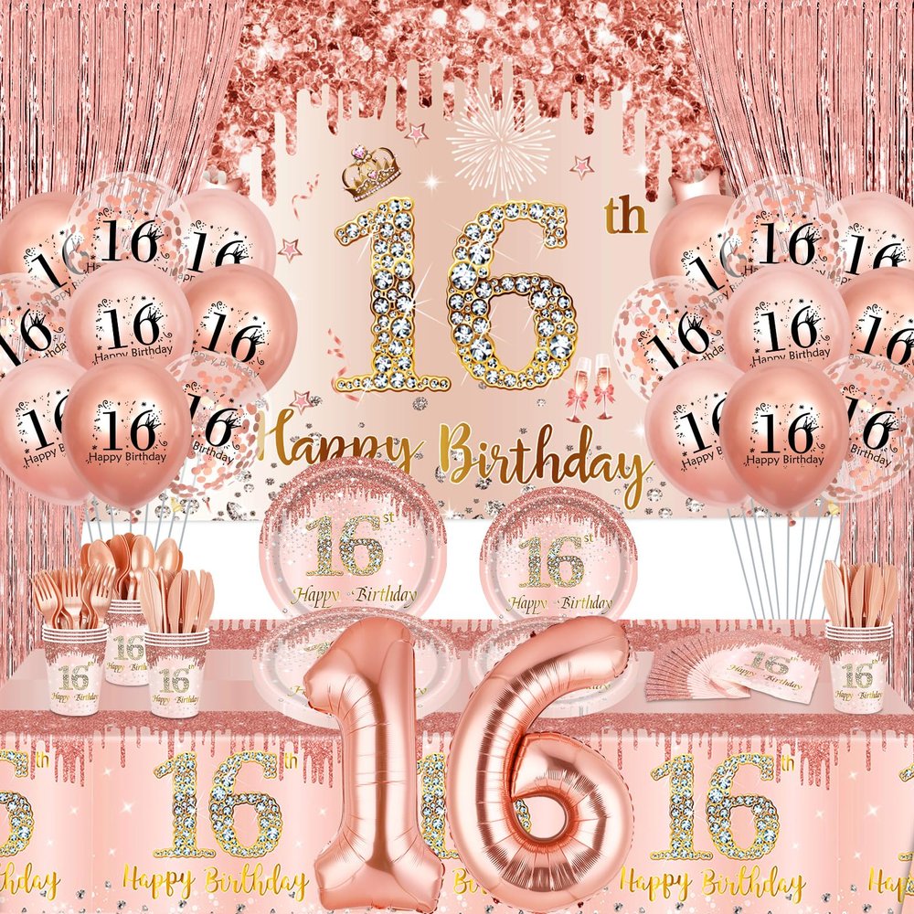 152Pcs Sweet 16th Birthday Decorations for Girls Rose Gold 16th Birthday Party Supplies with Rose Gold 16th Birthday Banner, Balloons, Tablecloth, Plates Napkins Tableware for Girls 16th Birthday