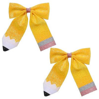 Back to School Bow Hair Clips Glitter Pencil Hair Bow Alligator Clips for Baby Girls Sparkly Leather Yellow Bowknot Hairpins for First Day of School Kindergarten Hair Accessories 2PCS(Type B)