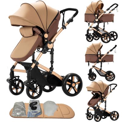 2 in 1 Baby Stroller Convertible Reversible Standard Pram Portable Pushchair Infant Buggy Baby Carriage Foldable High Landscape Pram for Toddler Newborn (2US588-KHAKI)