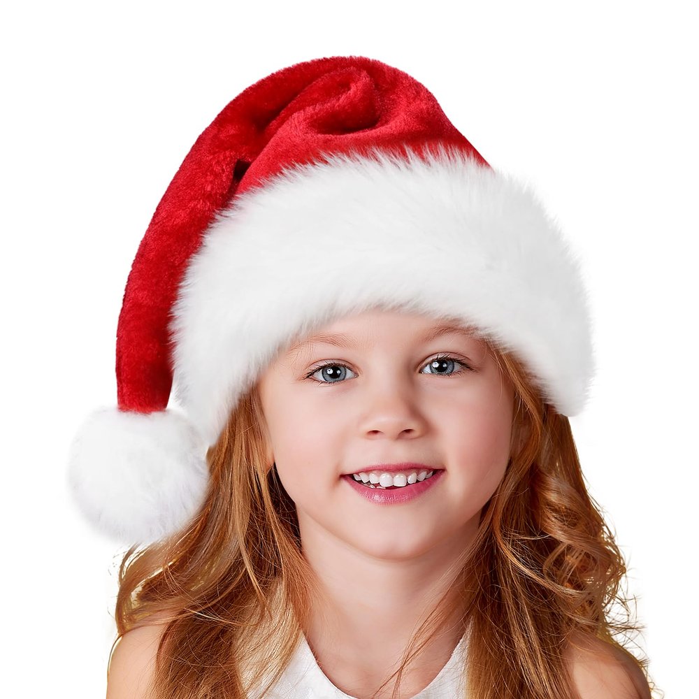 Ambandier Kids Christmas Santa Hat for Toddler Boys Girls, Children Soft Plush Classic Xmas Holiday Hat, Thicken Comfortable Velvet Santa Claus for Christmas New Year Festive Theme Party