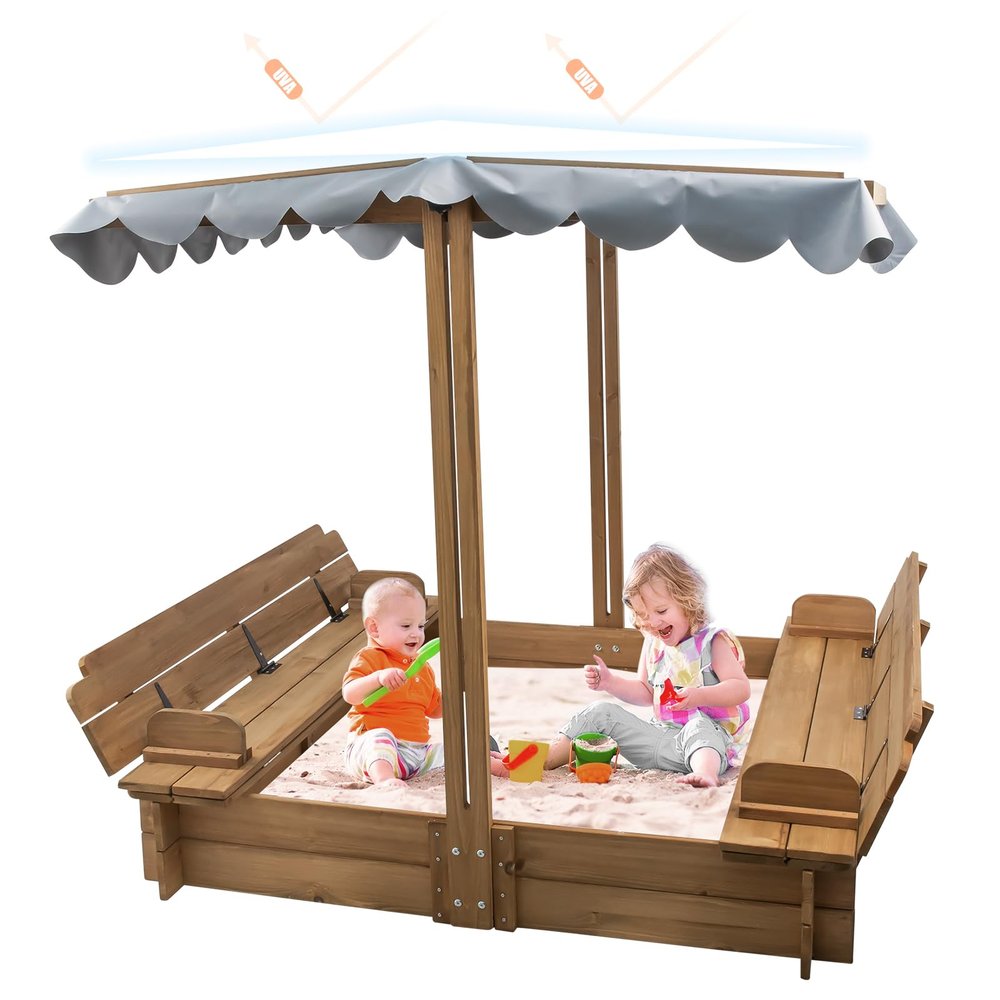 Sandboxes with Lid Kids,Sand Box with Cover, Wooden Kids Sand Boxes with Canopy Outdoor for 3-8 Ages,with Adjustable Height Canopy,UV Resistant & Waterproof Roof,Foldable Bench Seats,Round Edges