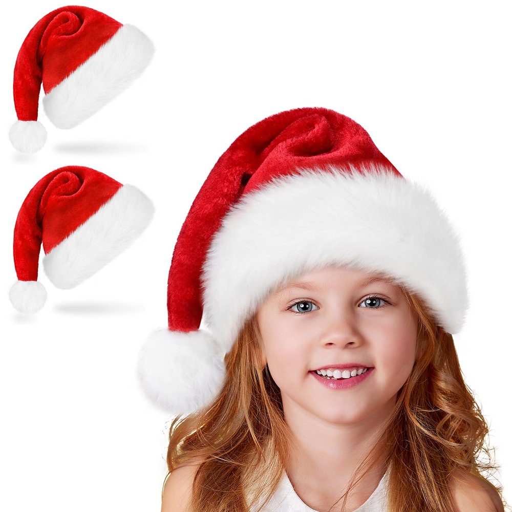 Ambandier Kids Christmas Santa Hat for Toddler Boys Girls, Children Soft Plush Classic Xmas Holiday Hat, Thicken Comfortable Velvet Santa Claus for Christmas New Year Festive Theme Party