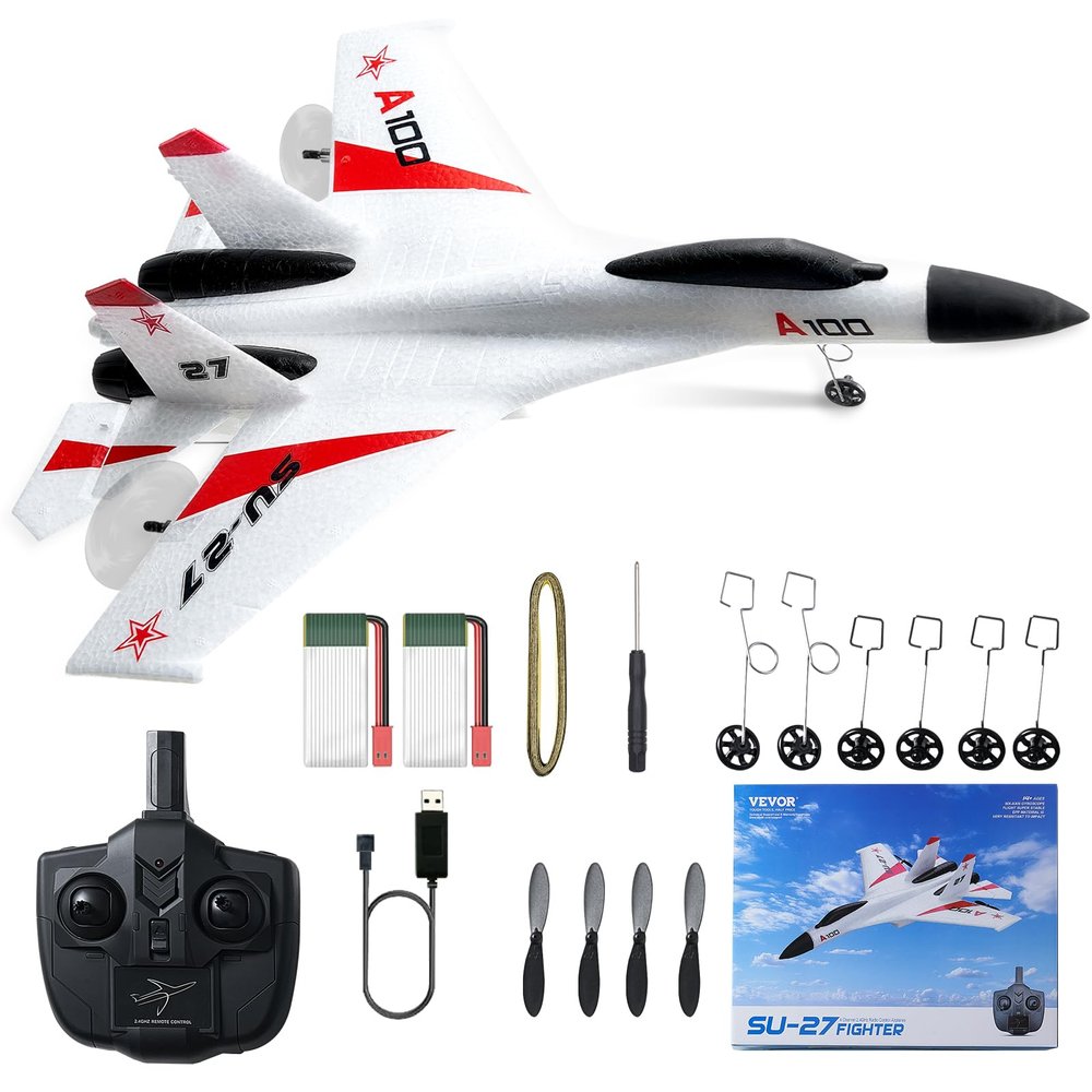 VEVOR RC Plane, 2.4GHZ 4 Channel RC Airplane with 6-Axis Gyro Stabilizer&2 Batteries, Ready to Fly SU-27 Fighter Aircraft Plane Toy for Adults Kids Beginners Boys Birthday/Xmas Child Gift