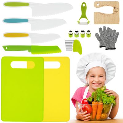 KHZSPP 14Pcs Kids Cooking Cutter Set Plastic Safe Reusable with Wooden Cutter with a Pair of Gloves Cut-resistant Washable Dishwasher safe Lightweight Easy to Handle for Cutting Fruit Vegetable Kids