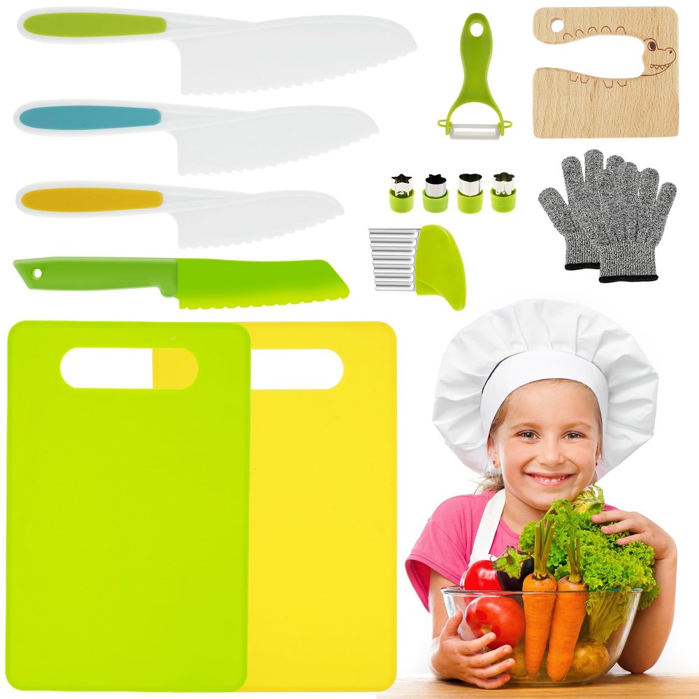 KHZSPP 14Pcs Kids Cooking Cutter Set Plastic Safe Reusable with Wooden Cutter with a Pair of Gloves Cut-resistant Washable Dishwasher safe Lightweight Easy to Handle for Cutting Fruit Vegetable Kids