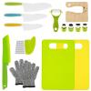 KHZSPP 14Pcs Kids Cooking Cutter Set Plastic Safe Reusable with Wooden Cutter with a Pair of Gloves Cut-resistant Washable Dishwasher safe Lightweight Easy to Handle for Cutting Fruit Vegetable Kids view 3