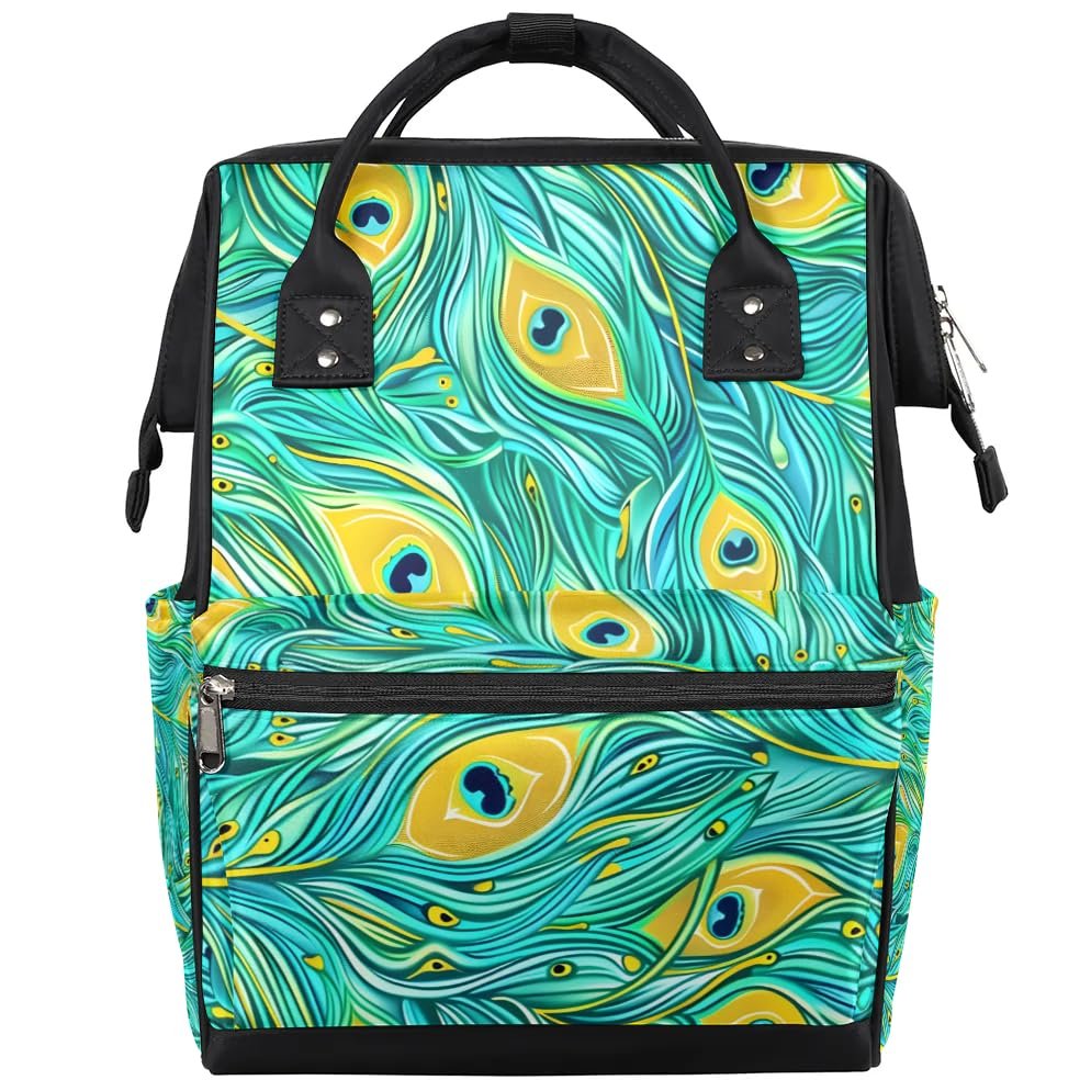 oooJHooo Baby Diaper Bag Backpack,Peacock Feather Baby Bag for Boys & Girls, Multi function Waterproof Travel Essentials Baby Organizer Bag with Stroller Straps,Diaper Backpack for Mom/Dad,A53