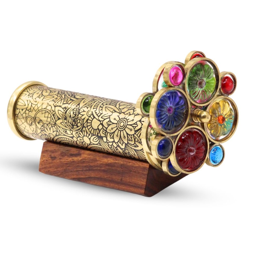 Handcrafted Etched Floral Pattern Lacquered Brass Kaleidoscope Includes Two Separate Turning Wheels-A Perfect Addition to any Collection. (7"x1.5")
