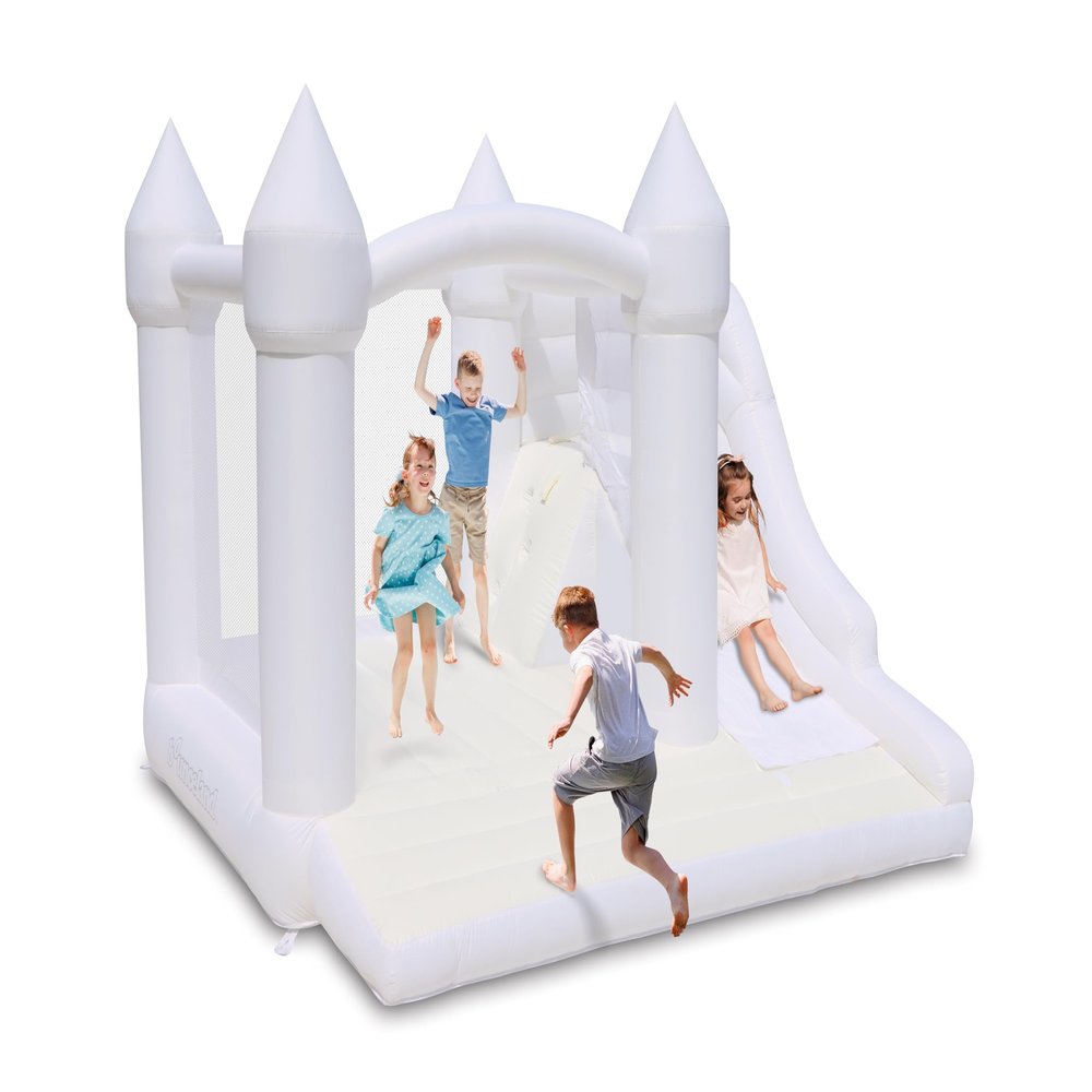 Bounceland Castle Palace Daydreamer Cloud Bounce House, 10.8 ft L x 9.8 ft W x 8.7 ft H, Basketball Hoop, UL Blower Included, Trendy Neutral Color, Fun Slide & Bounce Area, Castle Theme for Kids