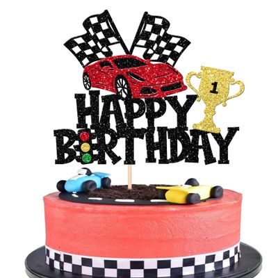 1 PCS Race Car Happy Birthday Cake Topper Glitter Traffic Light Trophies Flag Racing Car Cake Pick for Let's Go Racing Theme Baby Shower Boys Girls Birthday Party Cake Decorations Supplies