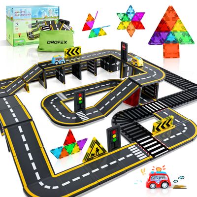 72pcs Upgraded Magnetic Tiles Road & Train Dual-Sided Expansion Pack, Magnetic Building Blocks Construction Toy for 3+Year Old Boys Girls, Kids Toys Montessori Toys for Toddler, STEM Learning Gifts