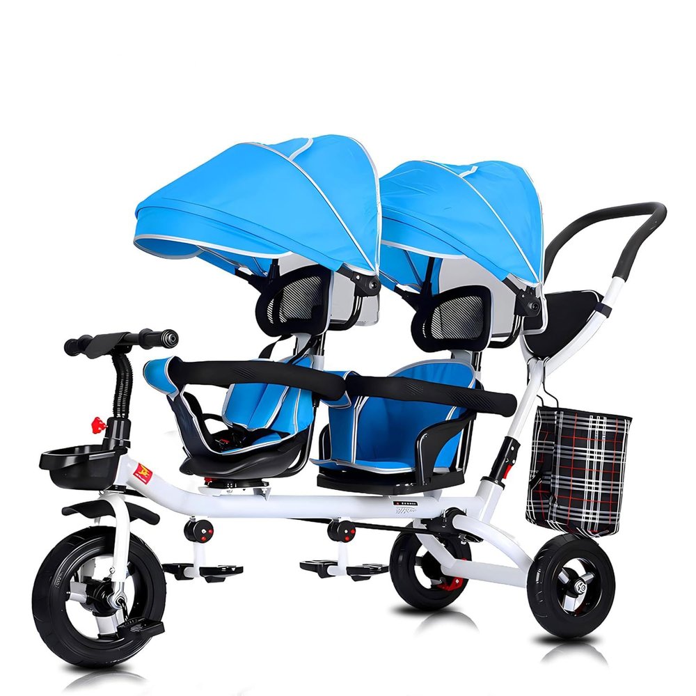 BEUDUOQI Kids Tricycle 4 in 1 Double Seat Kids Trike Kids Tricycles with Push Handle,Removable Canopy,Reversible Seat,Folding Pedals,Double Brake,Storage Basket Tandem Bike for Kids,Blue