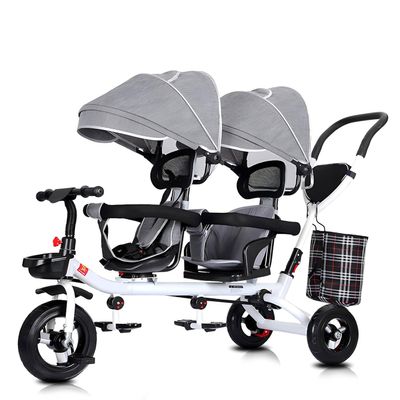 BEUDUOQI Kids Tricycle 4 in 1 Double Seat Kids Trike Kids Tricycles with Push Handle,Removable Canopy,Reversible Seat,Folding Pedals,Double Brake,Storage Basket Tandem Bike for Kids,Grey