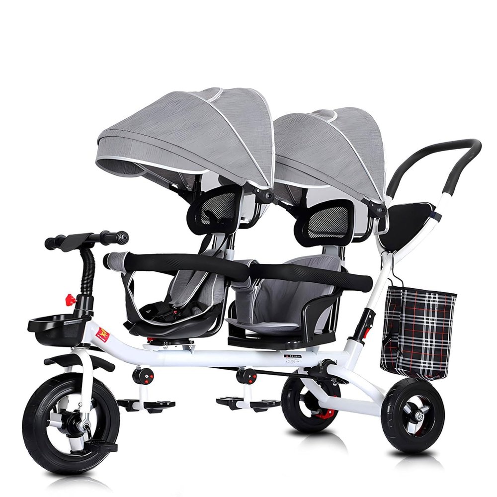 BEUDUOQI Kids Tricycle 4 in 1 Double Seat Kids Trike Kids Tricycles with Push Handle,Removable Canopy,Reversible Seat,Folding Pedals,Double Brake,Storage Basket Tandem Bike for Kids,Grey
