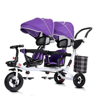 BEUDUOQI Kids Tricycle 4 in 1 Double Seat Kids Trike Kids Tricycles with Push Handle,Removable Canopy,Reversible Seat,Folding Pedals,Double Brake,Storage Basket Tandem Bike for Kids,Purple