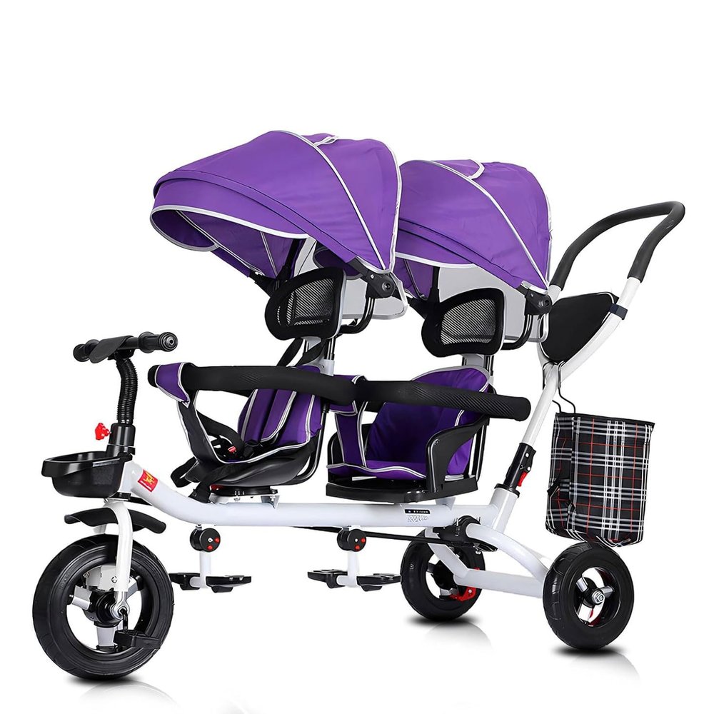 BEUDUOQI Kids Tricycle 4 in 1 Double Seat Kids Trike Kids Tricycles with Push Handle,Removable Canopy,Reversible Seat,Folding Pedals,Double Brake,Storage Basket Tandem Bike for Kids,Purple