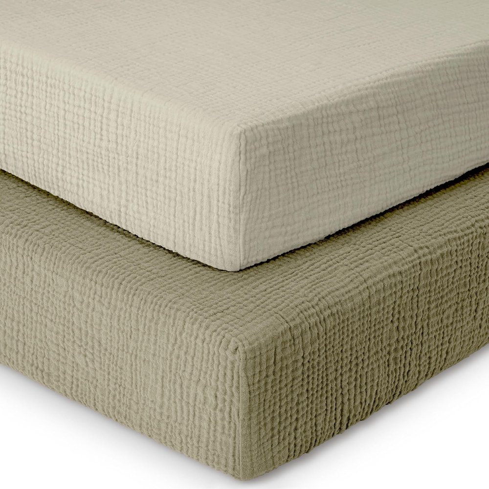 Dreamology Standard Crib Sheets, Muslin Crib Sheets, 2 Pack,100% Cotton Crib Sheet for Boys,Girls, Muslin Crib Sheet for Standard Crib, 52x28 Crib Mattress Sheets | Olive and Ecru