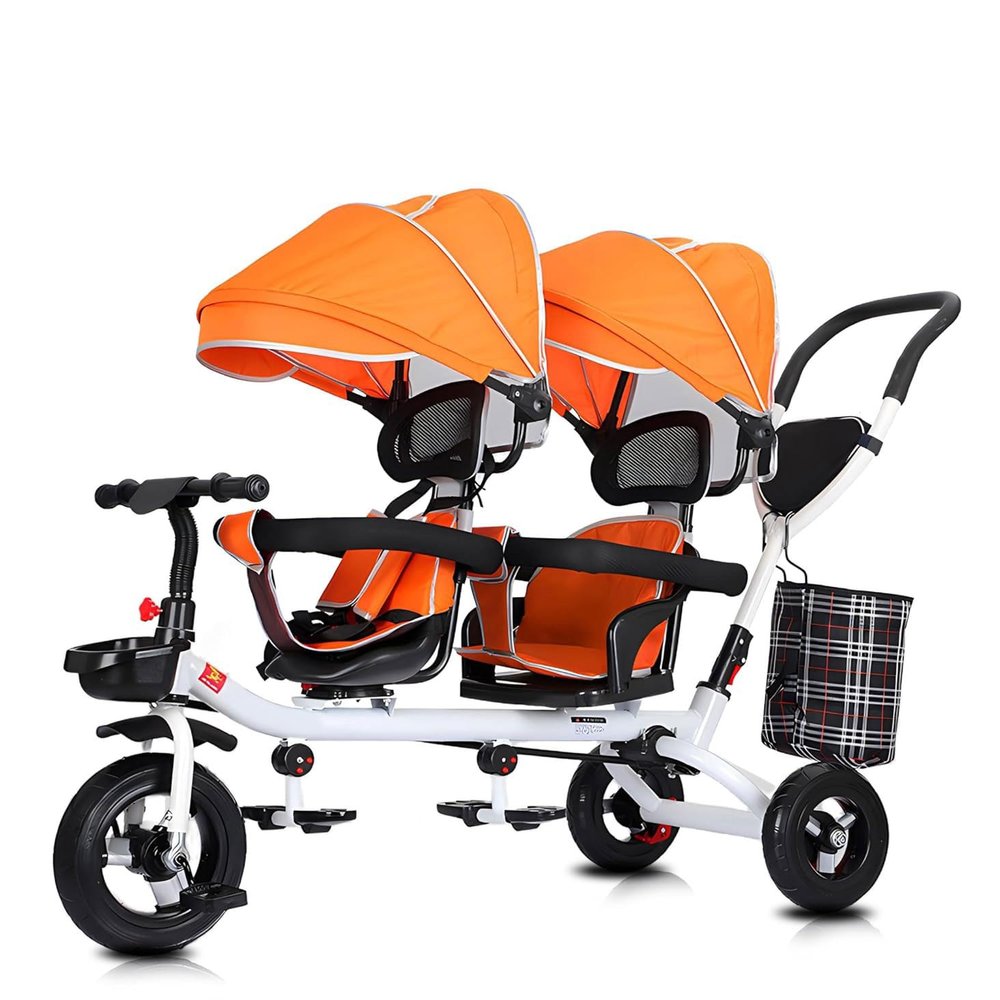 BEUDUOQI Kids Tricycle 4 in 1 Double Seat Kids Trike Kids Tricycles with Push Handle,Removable Canopy,Reversible Seat,Folding Pedals,Double Brake,Storage Basket Tandem Bike for Kids,Orange