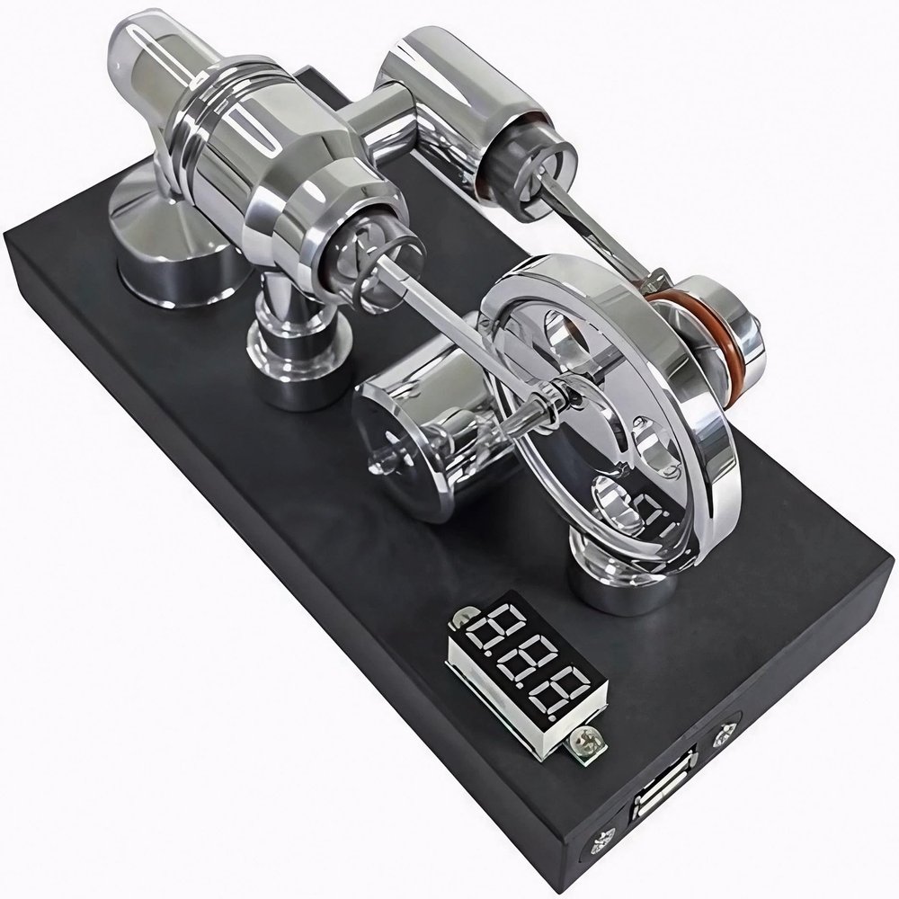 Enhanced Stirling Engine Featuring a Mirror-Polished Finish, Integrated Voltmeter, and USB Port