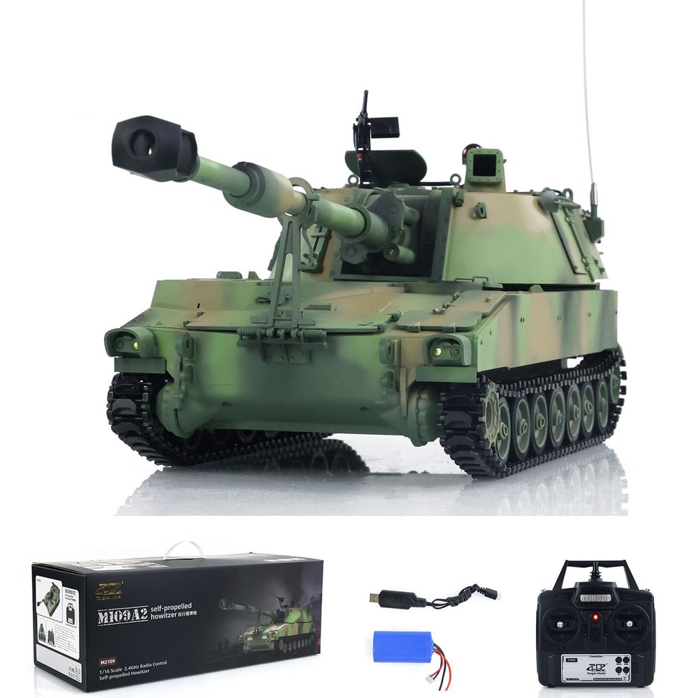 wheelfun 1/16 Tongde RC Tank M109A2 Self-propelled RTR Infantry Fighting Infrared Battle Smoke Unit Light Sound(Pro-Edition-Camouflage Green) BB Shooting Airsoft Tank That Shoot