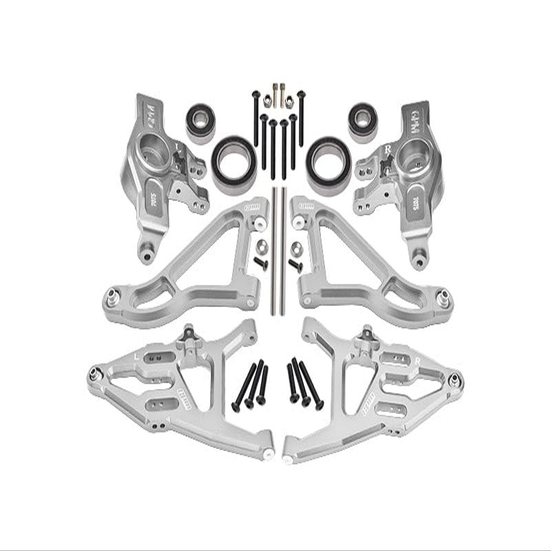 Aluminum 7075 Alloy Front Knuckle Arms (Larger Inner Bearings) + 6061 Alloy Front Upper & Lower Suspension Arms for Traxxas 1:7 Unlimited Desert Racer UDR 4X4 85076-4 UDR 6S 85086-4 Upgrades - Silver