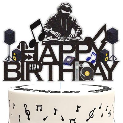 Dj Disco Happy Birthday Cake Topper Music Rock Disco Hip Hop Black Glitter Cake Decoration Carnival party Dj Disco Unisex adult Theme Birthday Party Supplies