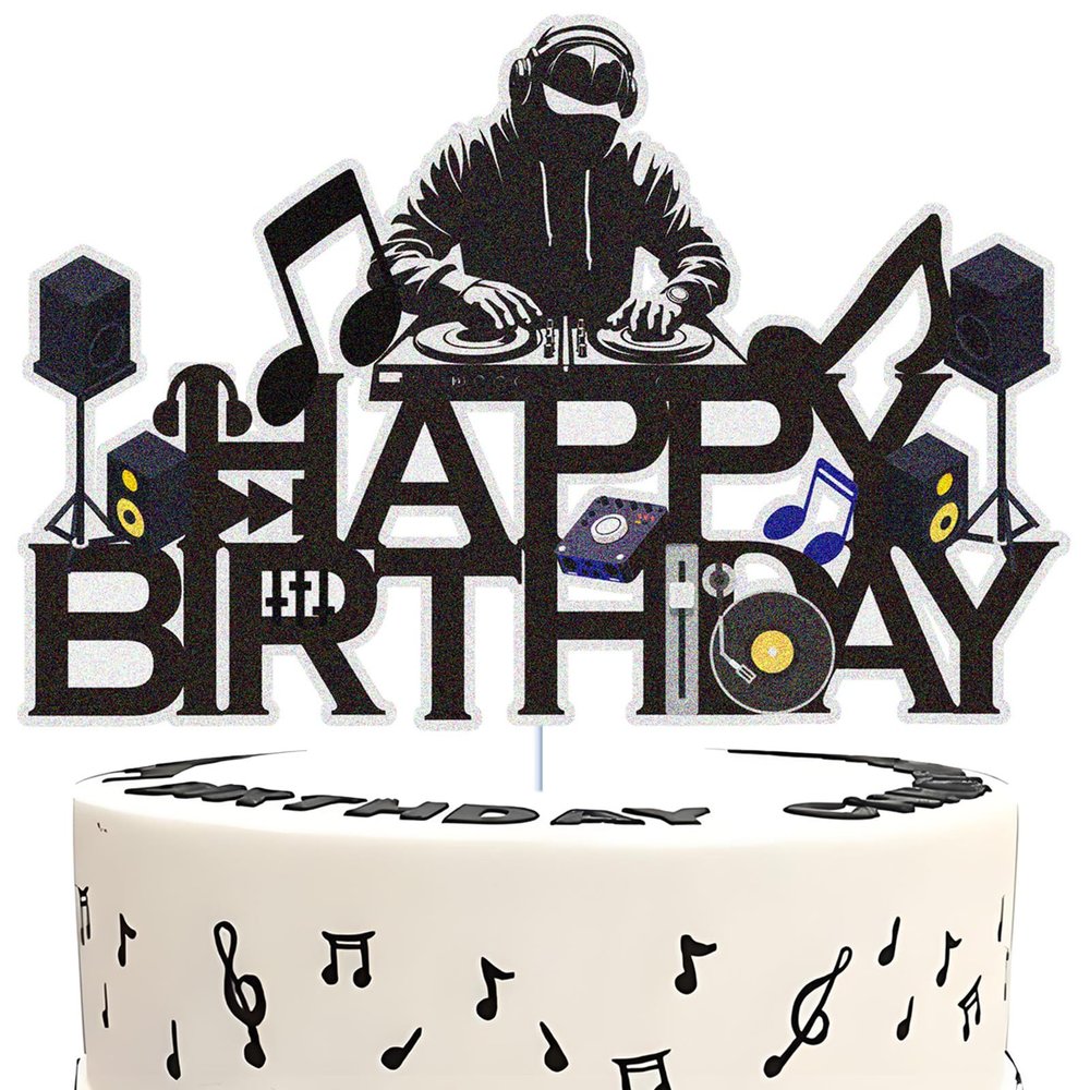 Dj Disco Happy Birthday Cake Topper Music Rock Disco Hip Hop Black Glitter Cake Decoration Carnival party Dj Disco Unisex adult Theme Birthday Party Supplies
