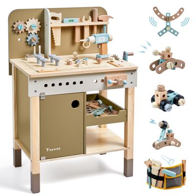 Kids Tool Set,Wooden Tools Bench with Apron Toddler Toy Workbench with Realistic Tools Electric Drill STEM Construction Toy Gifts for Age 3-9 Boys Girls