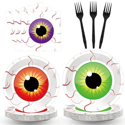 100 Pcs Spooky Halloween Eyeball Party Supplies Set - Serves 25, Scary Disposable Tableware, Includes Paper Plates, Napkins, Forks for Halloween Decorations, Trick or Treat Eyeballs Party Favors