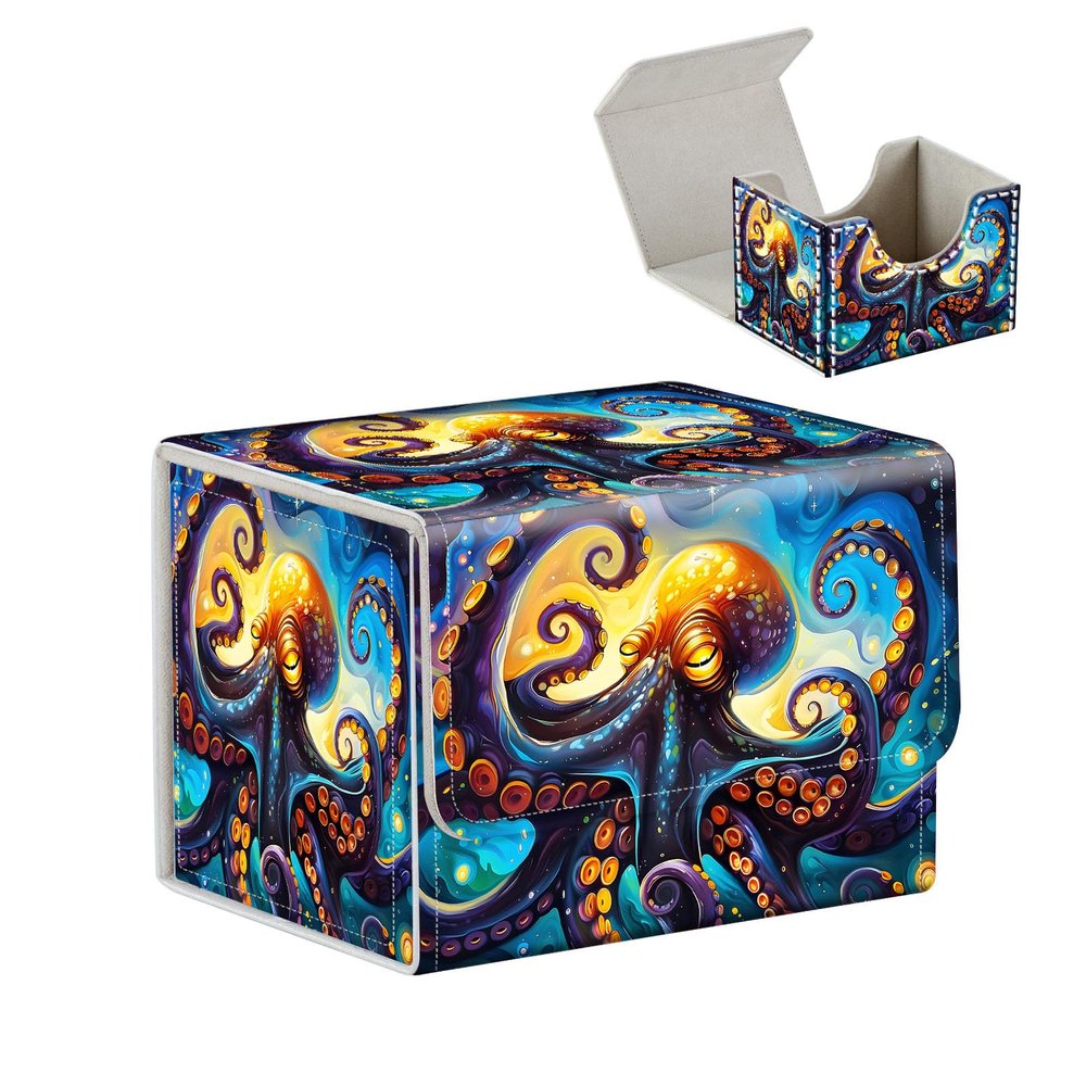 Tudguiloae High-Capacity Art Deco Card Deck Box - Ideal Trading Card Game Storage Solution with Compact Size, and Easy Access - PU Leather Fits for TCG CCG Magic Cards(Cosmic Octopus)
