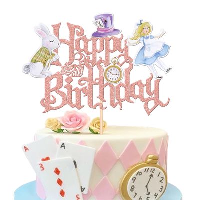 1 PCS Magic Alice Happy Birthday Cake Topper Glitter Eat Me Magical Hat Bunny Clock Fairy Cake Pick for Baby Shower Kids Girls Tea Party Decorations Supplies Rose Gold