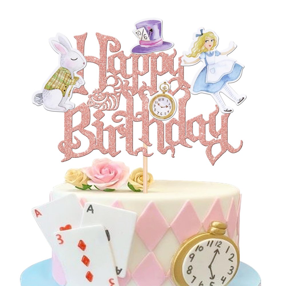 1 PCS Magic Alice Happy Birthday Cake Topper Glitter Eat Me Magical Hat Bunny Clock Fairy Cake Pick for Baby Shower Kids Girls Tea Party Decorations Supplies Rose Gold