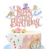 1 PCS Magic Alice Happy Birthday Cake Topper Glitter Eat Me Magical Hat Bunny Clock Fairy Cake Pick for Baby Shower Kids Girls Tea Party Decorations Supplies Rose Gold view 1