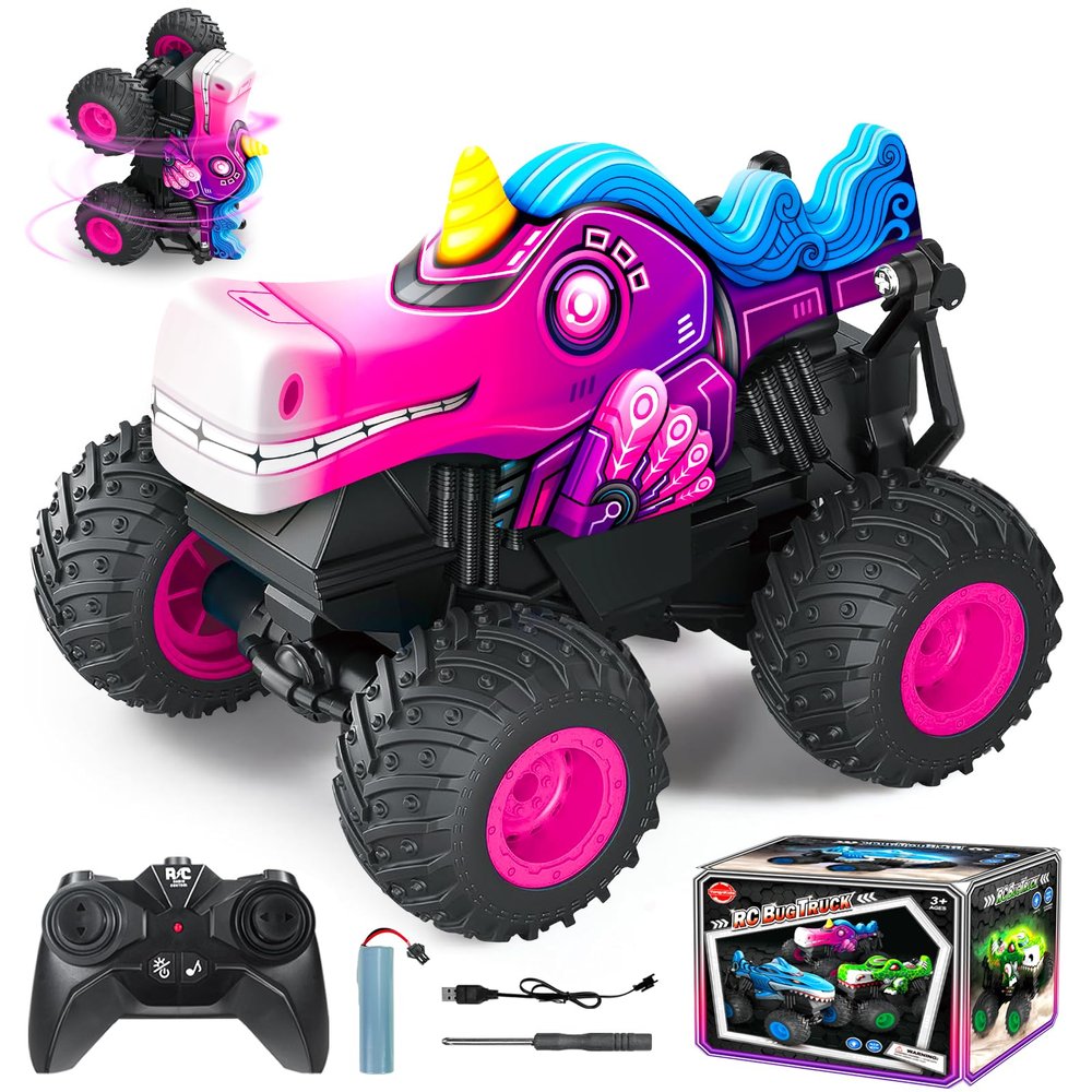 Tcvents Remote Control Car, 2.4Ghz Unicorn Rc Monster Truck for Girls, Rchargeable Rc Truck with Lights & Music, 360 Rotating Stunts RC Car Toy Birthday Easter Gift for Kids 3-5 6 7 8-12
